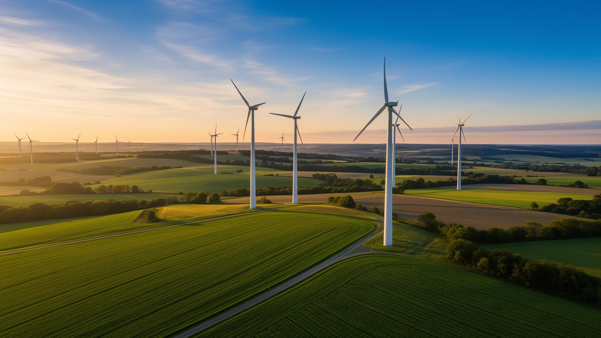Windpark in der deutschen Landschaft bei Sonnenaufgang